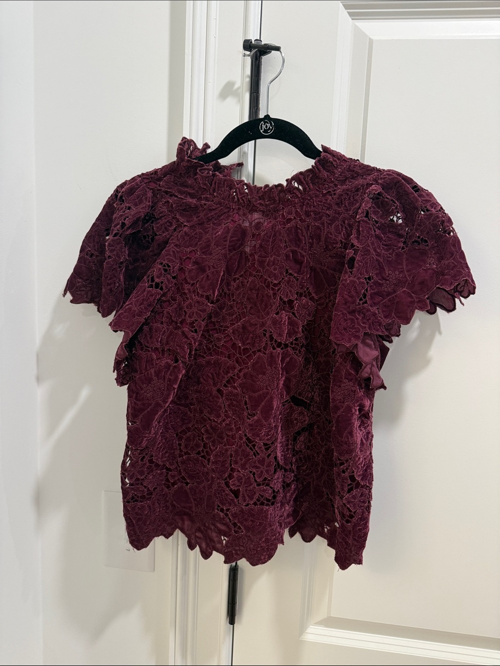 Anthropologie Wine Burgundy Floral Lace Flutter Sleeve Top